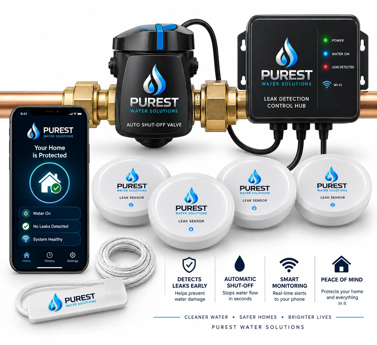 Purest Leak Detection system with shut-off valve, hub and sensors