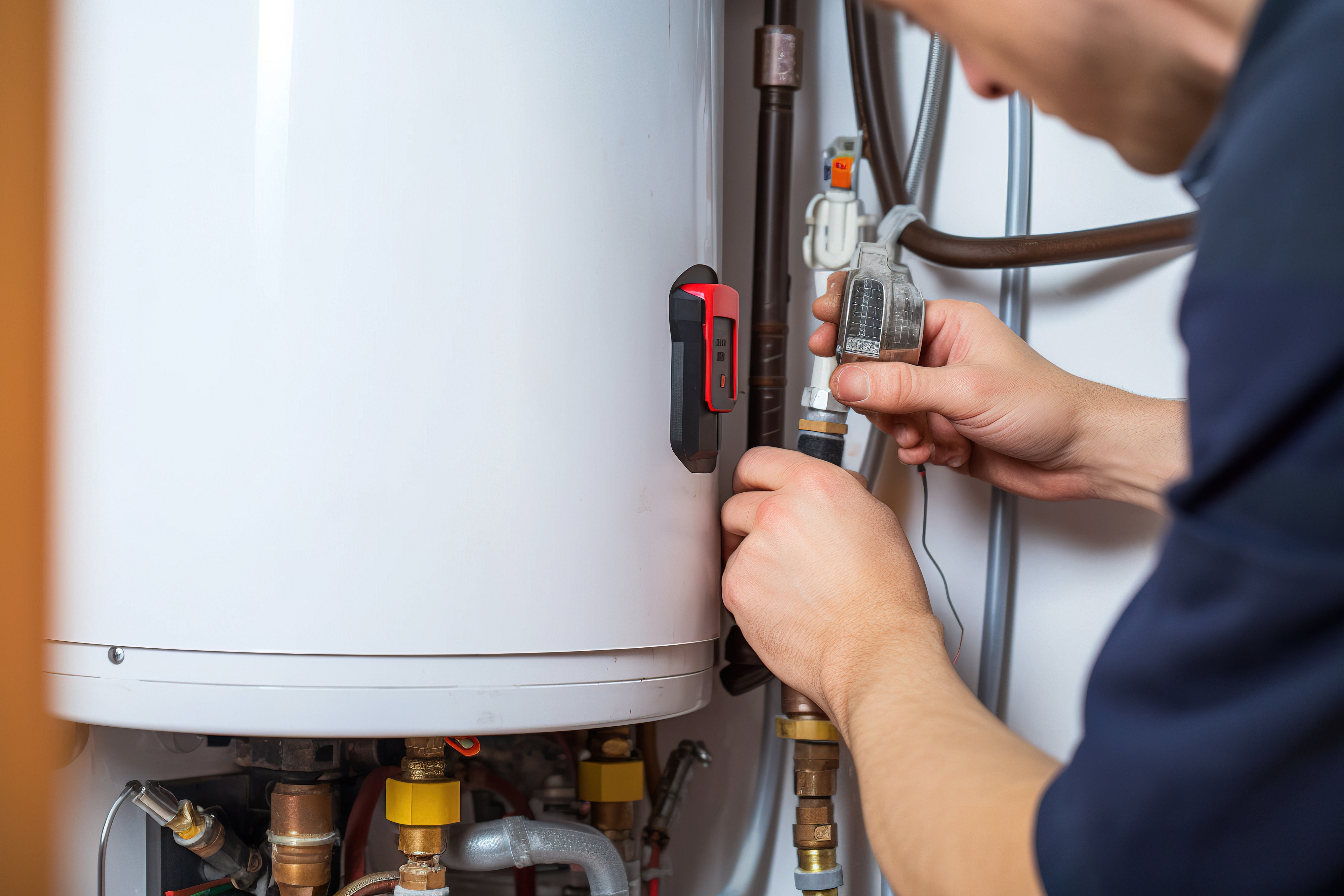Technician installing water heater