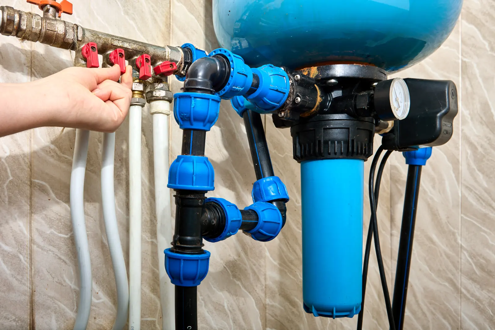 Main water line with valves and fittings