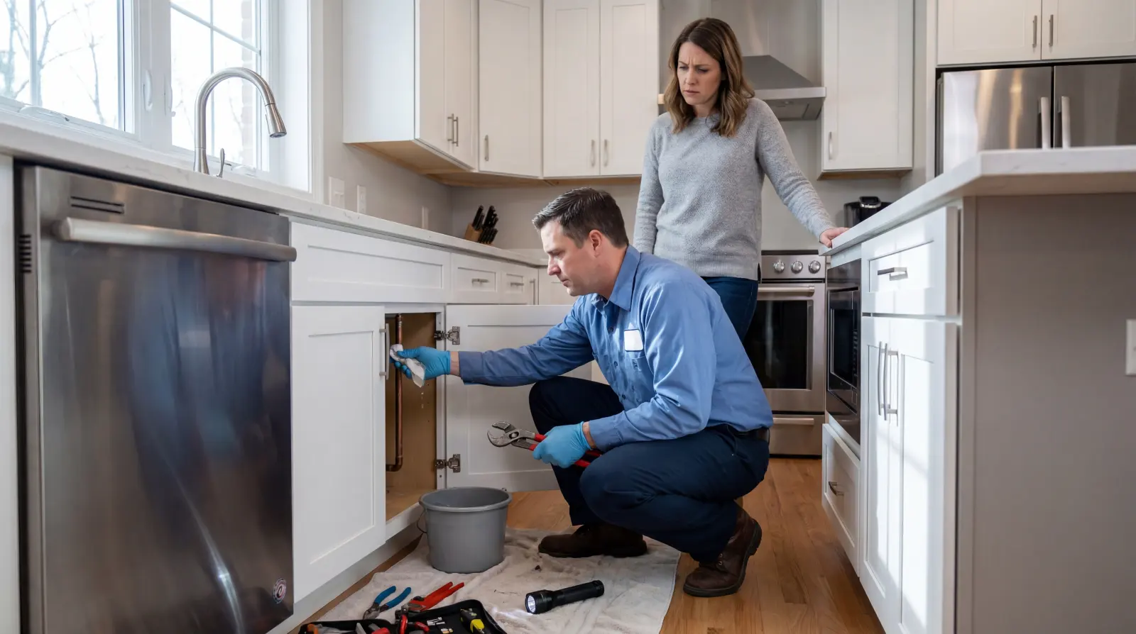 Technician talking through options with a homeowner at the kitchen sink