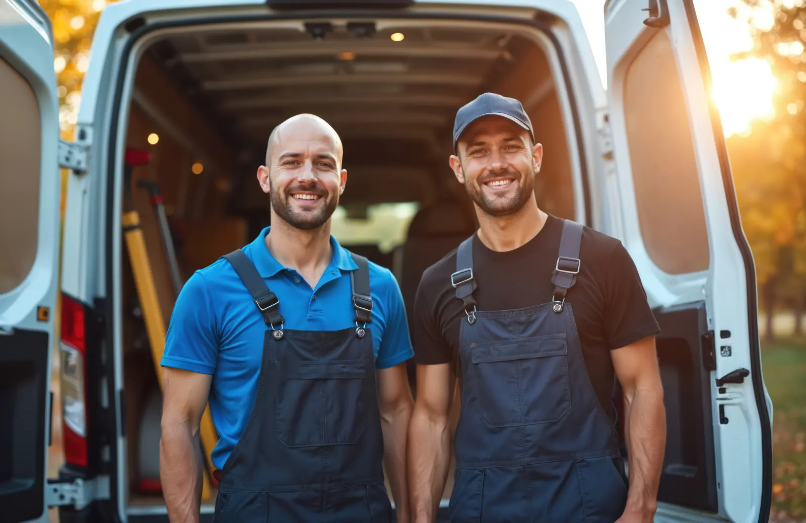 Two service technicians beside their van
