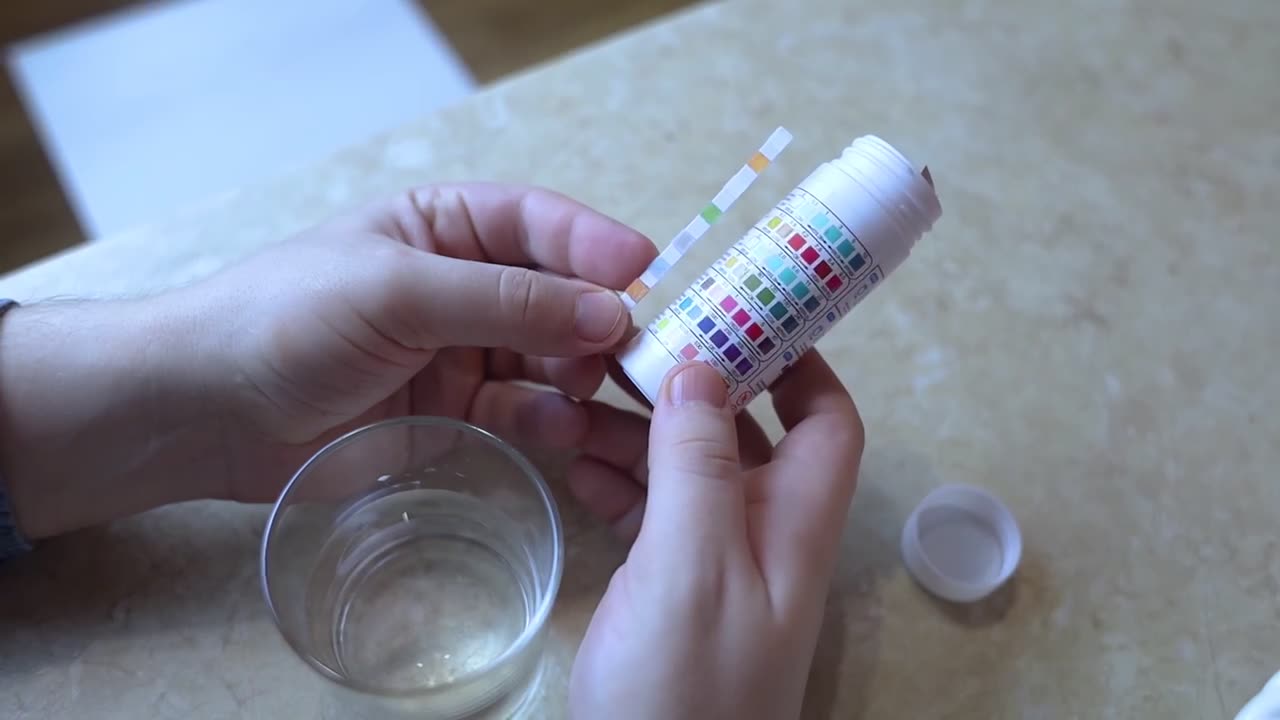Water test strip being compared against its color chart